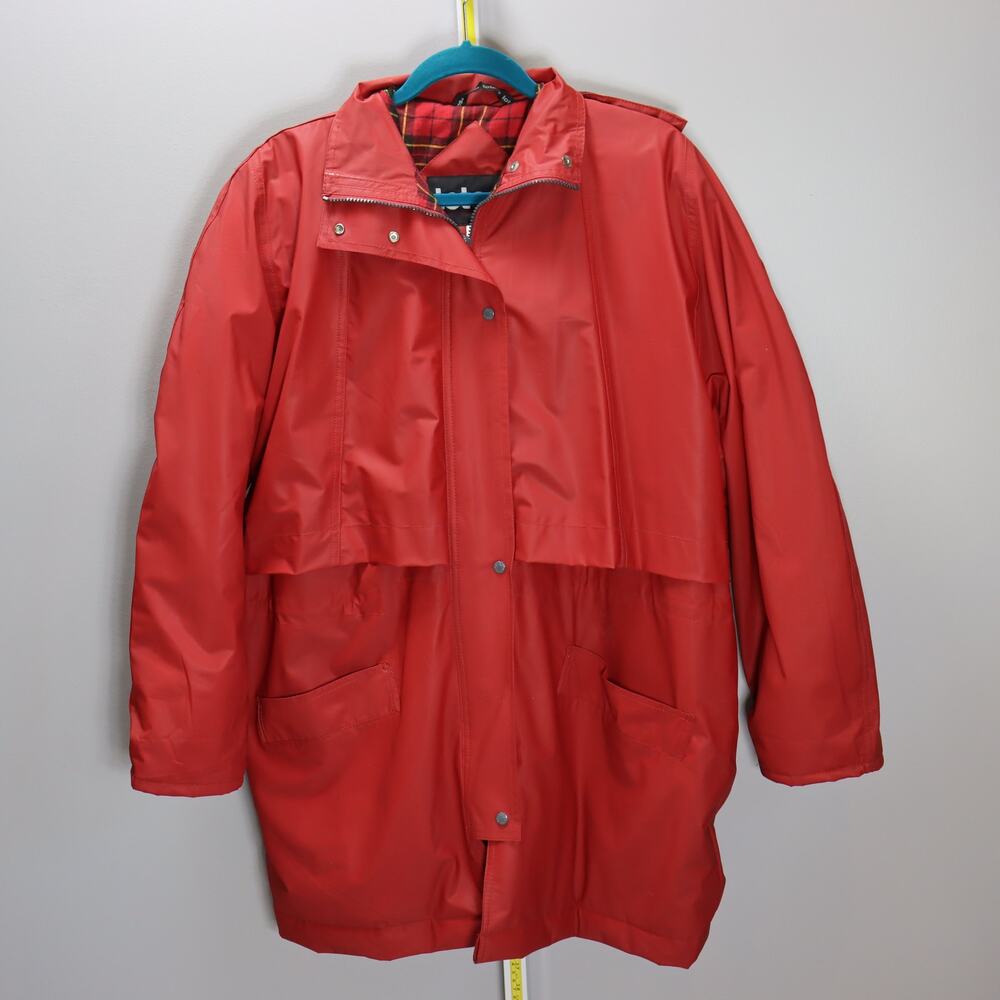 Totes Red Hooded Raincoat Plaid Lined‎ Jacket Size L Vintage Style